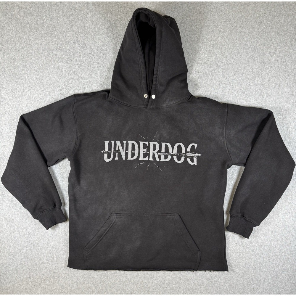 Underdog Logo Pullover Hoodie Black Graphic Sweatshirt Men's XL Cropped